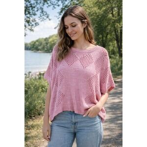 Fate  Women Sweater Diamond Knit Open Weave Short Sleeve Pullover Top Large Pink